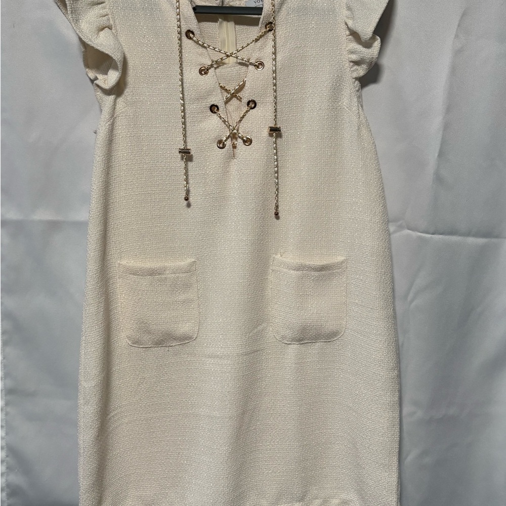 Nautical Women's Ivory linen lined sleeveless knee length slimming dress. Size L